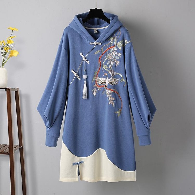 Embroidery Buckle Loose Hoodie Vintage Sweatshirt Dress - Modakawa