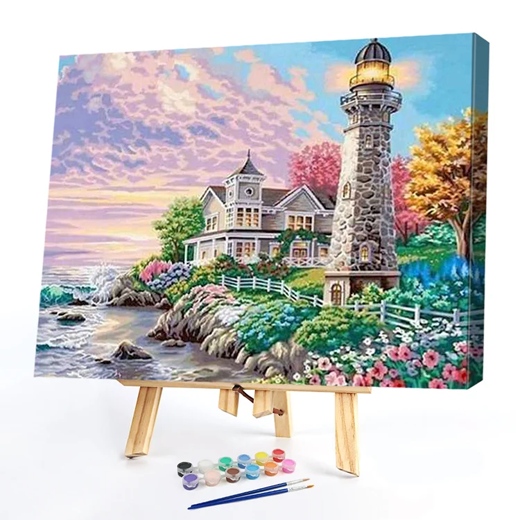 Oil Paint By Numbers - Seaside Villa Lighthouse - 50*40CM