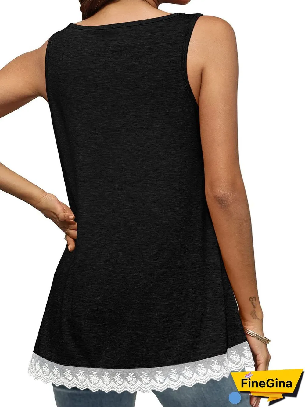 Women's Sleeveless Scoop Neck Large Swing Lace-paneled Top
