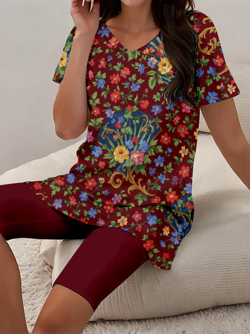 Women Long Sleeve V-neck Graphic Floral Printed Top