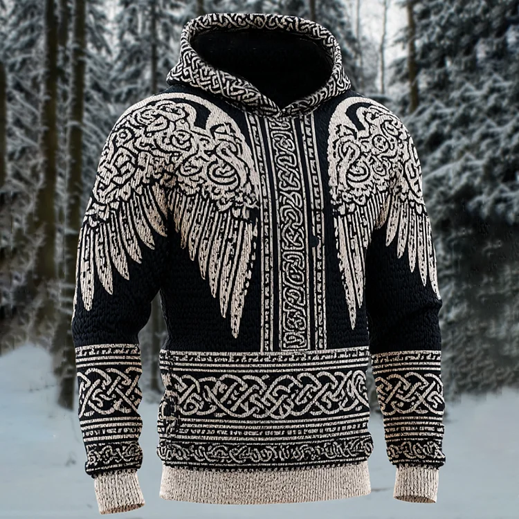 Men's Viking Celtic With Wings Art Cozy Knit Hooded Sweater
