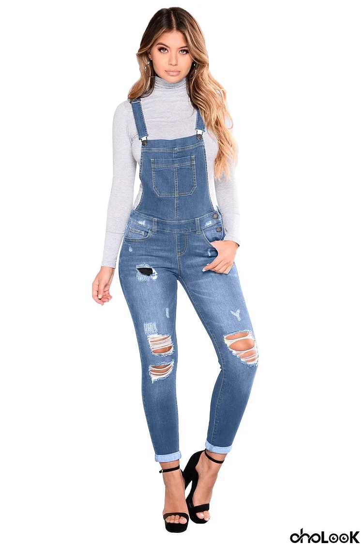 Dark Blue Wash Distressed Denim Overall