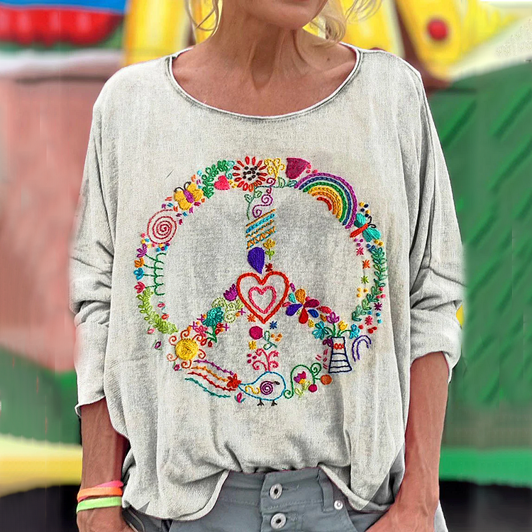 Simpfit Langarm-T-Shirt mit Peace-and-Love-Stickerei und Hippie-Vibe-Print für Damen