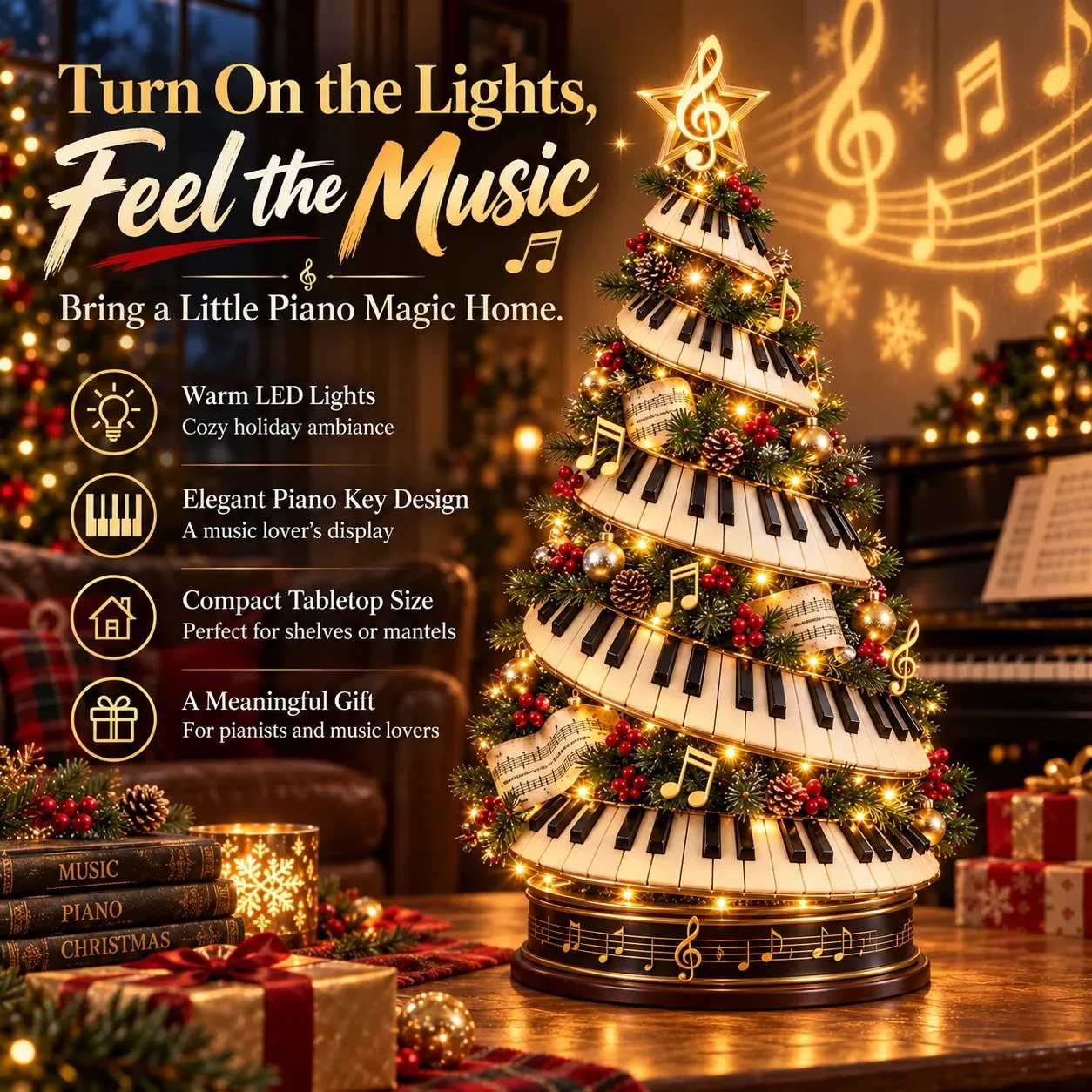 Piano Christmas Tree Light in a festive home setting