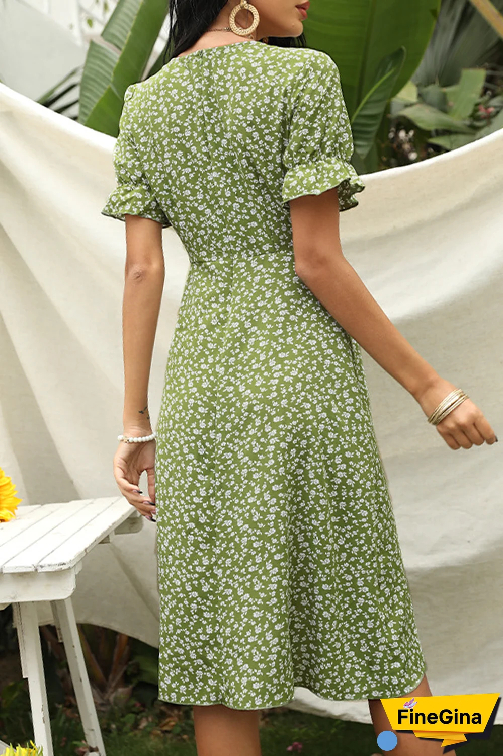 Elegant Print Buckle V Neck Irregular Dress Dresses