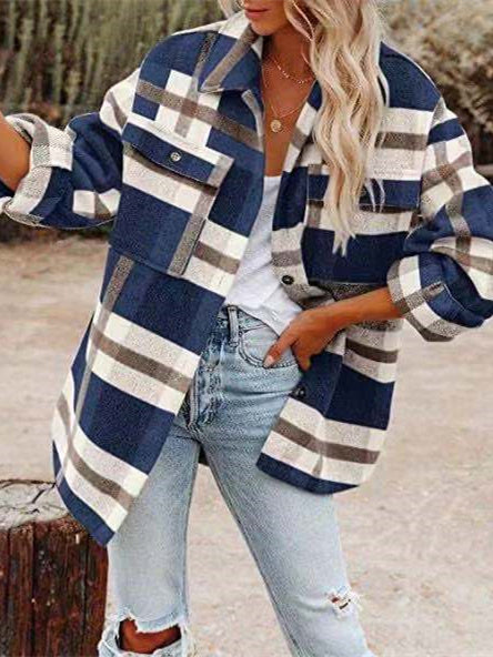 Women's Long Sleeve V-neck Plaid Graphic Printed Coats