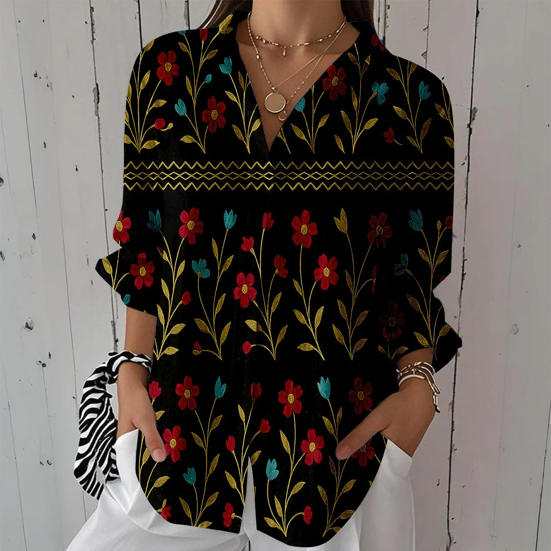 Style & Comfort for Mature Women Women Floral,Red, Black DZCL0300 3/4 Sleeve Shirt Collar Printed Button Tops