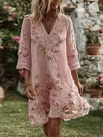 Women's Vintage Floral Art Print Flowy Linen Blend Casual Long Sleeve Mini Dress