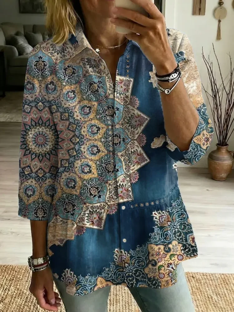 Women's Retro Floral Art Print Casual Lapel Cotton Shirt