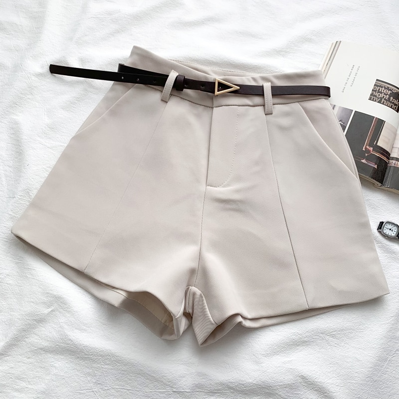 Casual Women's Shorts A-line High Waist Short Chic Office Lady Shorts With Belted Vintage Female Trousers Spring Summer