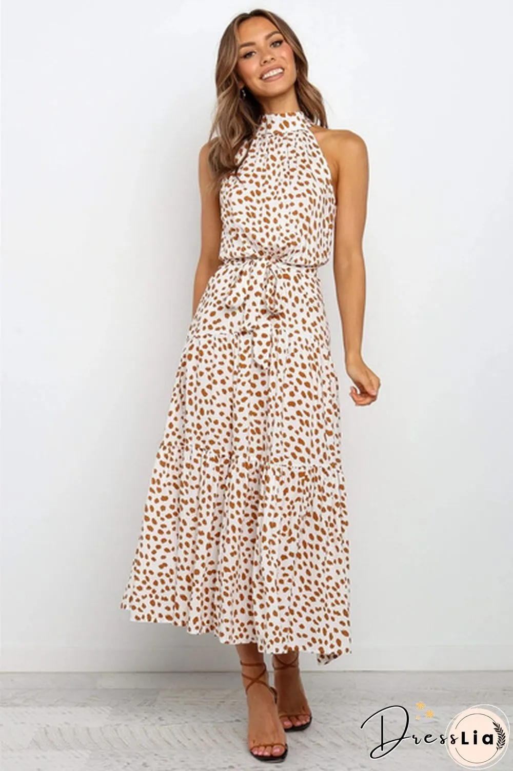 Plus Size Elegant Ladies Dress-Sleeveless-Collect Waist-Polka Dot-Long Boho Casual