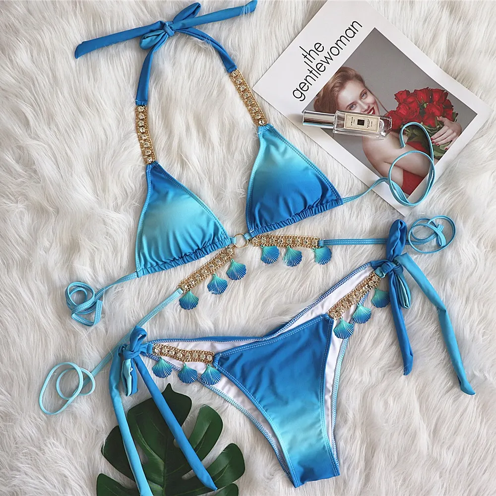 Uveng Uveng New Sexy Strap Gradient Print Women's Split Swimsuit Luxury Crystal Diamond Bikini Shell Swimsuit