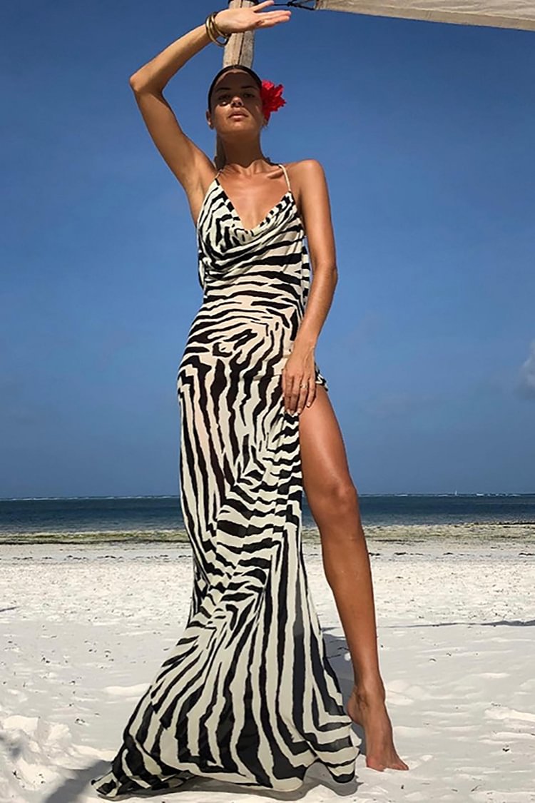 Zebra Print High Split Backless Maxi Dresses