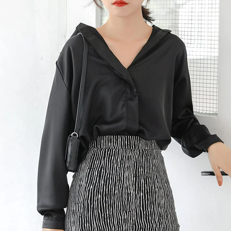 Spring blouses women 2021 office black top Solid V-Neck vintage korean fashion clothing ladies tops Button Chiffon shirt 7977 50