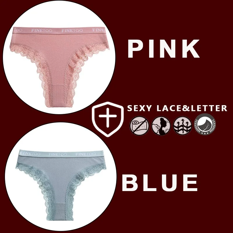 FINETOO 2PCS/Set Women's Cotton Panties Girls Letter Thongs Brazilian Pantys Sexy Lace Underwear For Woman Lingerie Bikini Panty