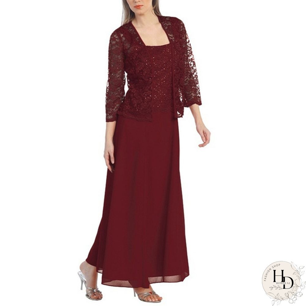 New Women Lace Cardigan And Chiffon Maxi Skirt Two-Piece Ladies Fashion Long Chiffon Dress Mother Of Groom Dress With Lace Long Sleeve
