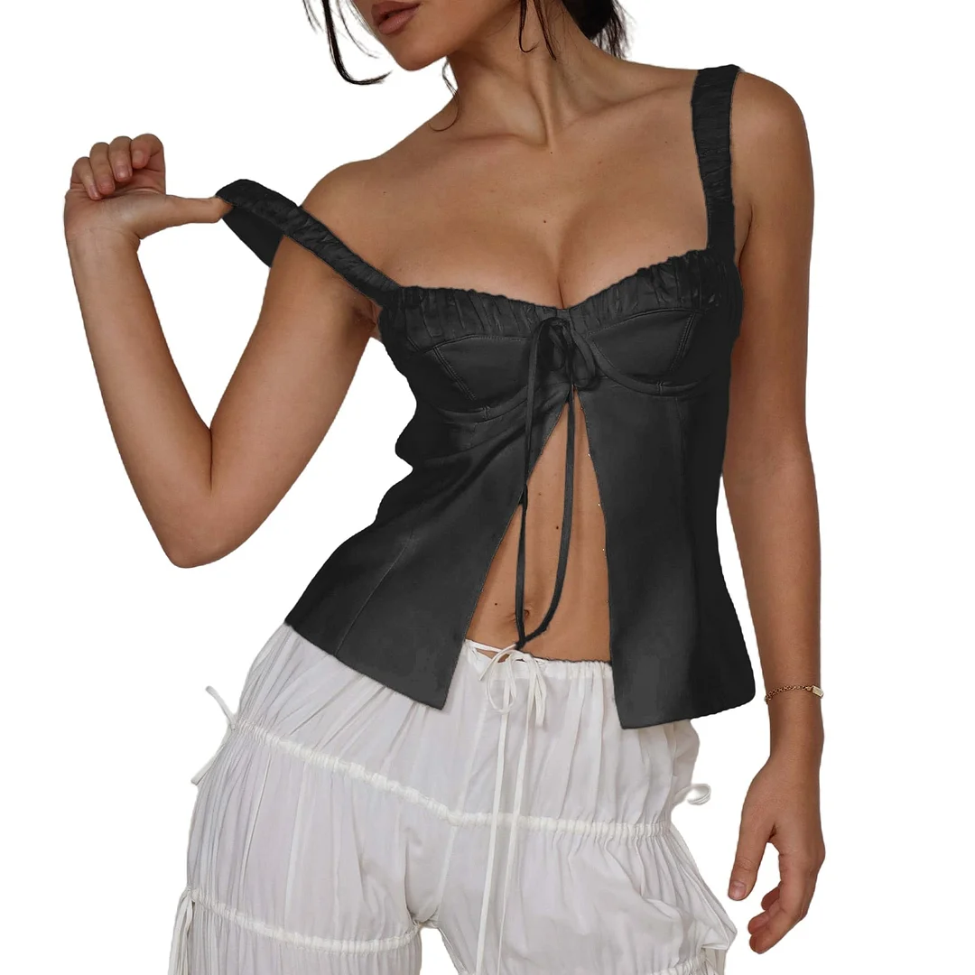 Toloer Front Slit Tie-Up Bustier Top-Outfit Ideas