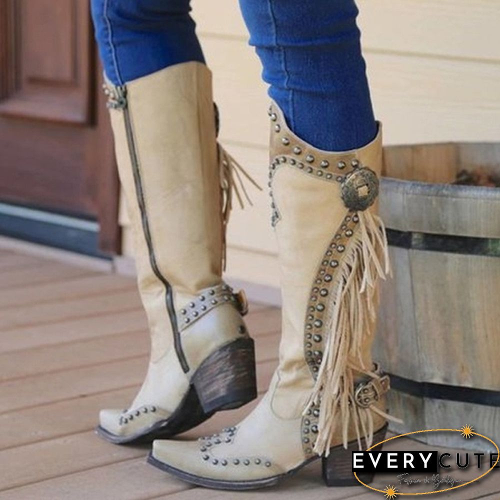 Womens Knee High Boots Leather Riding Boots Medieval Western Cowgirl Boots Tall Boots Autumn Winter Warm Pointed Toe Flat Martin Boots Fashion Ladies Chunky Heel Ankle Boots Shoes