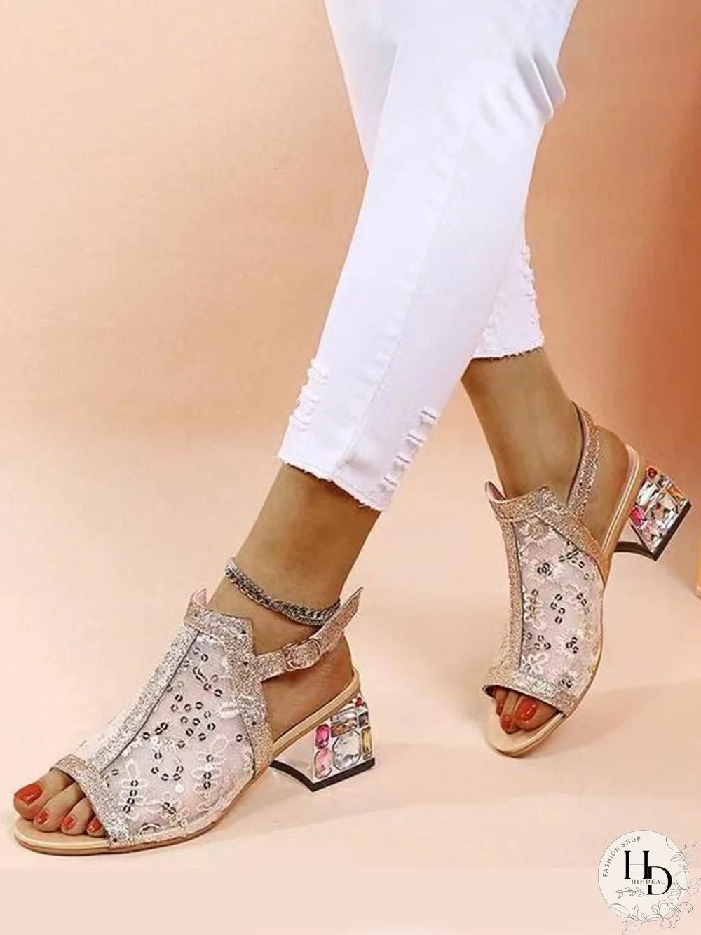 Mesh Sequined Fish Mouth Chunky Heel Sandals
