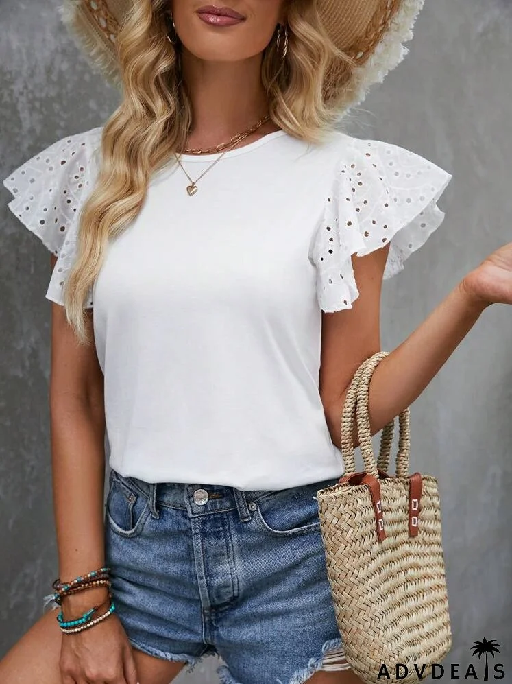 Eyelet Embroidery Butterfly Sleeve Tee