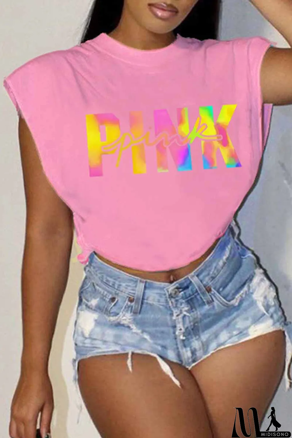 MidiSono - Rose Red Casual Street Print Letter O Neck T-Shirts