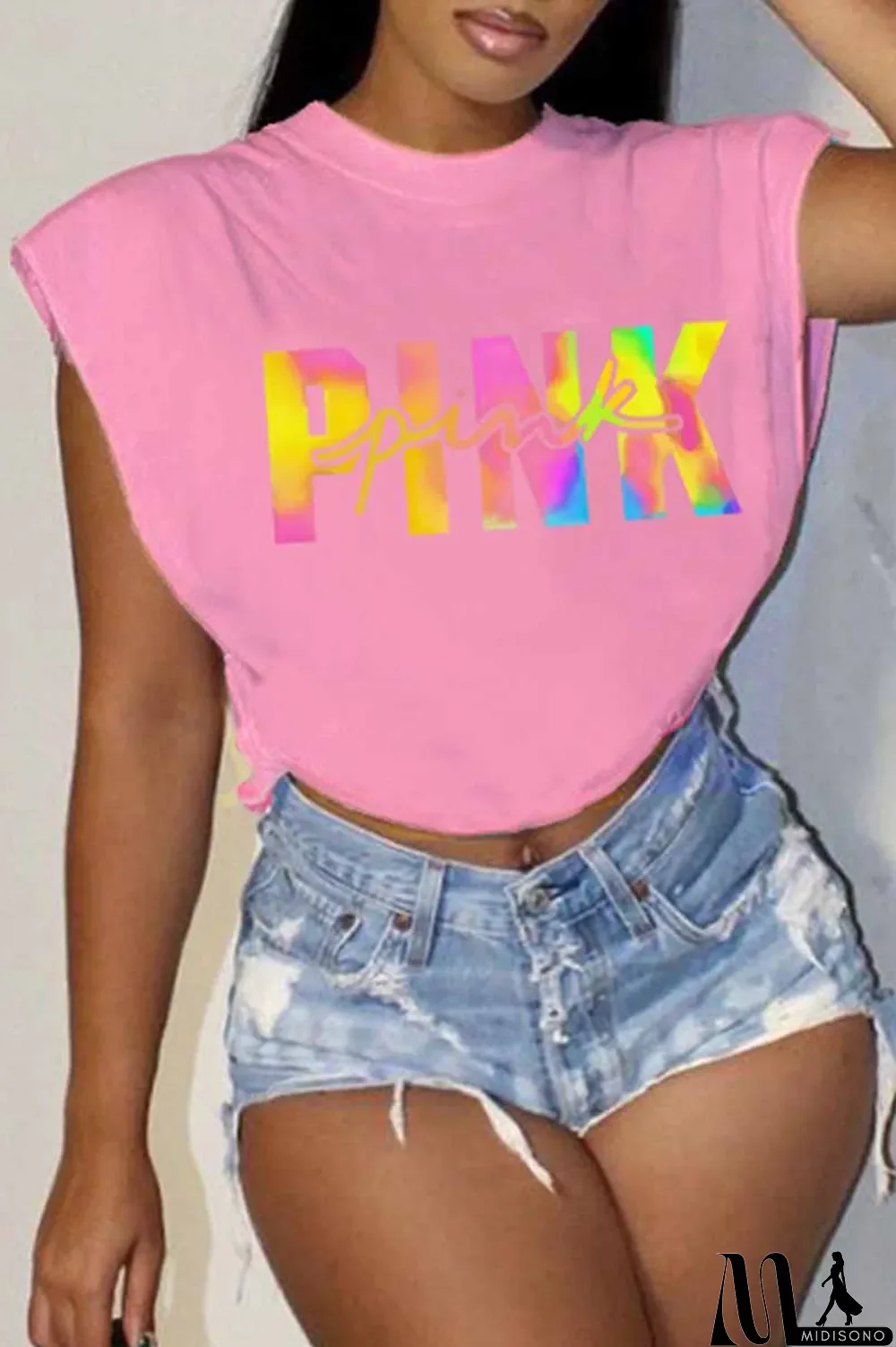 MidiSono - Rose Red Casual Street Print Letter O Neck T-Shirts