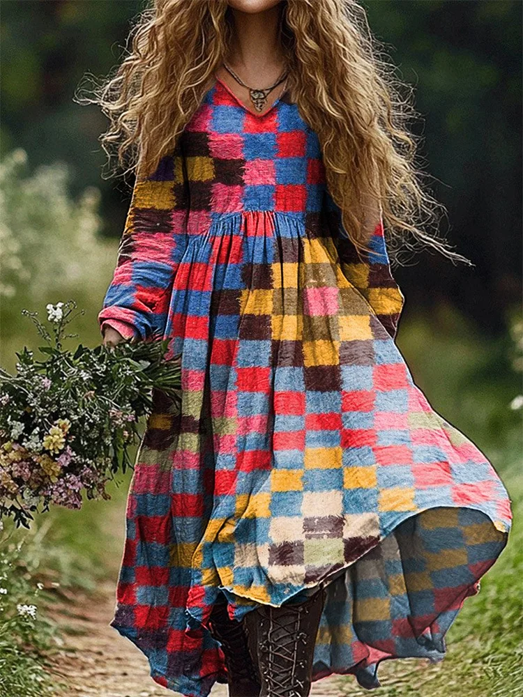 Women's Colorful Block Print Pocket Cotton Dress