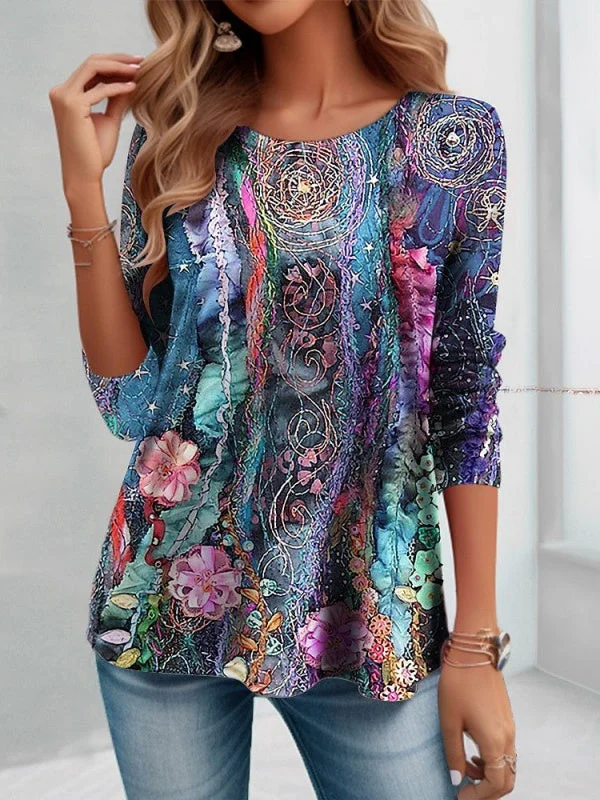 Women's Printed Graphic Solid Color Scoop Neck Long Sleeve Top