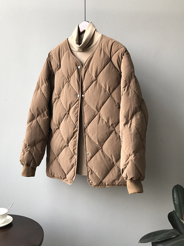 Women Long Sleeve V-neck Solid Color Puffer Coats