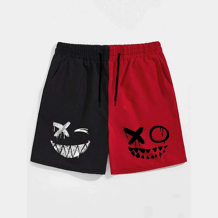 Street Color Matching Sports Drawstrings Shorts With Evil Face Print Shorts at Hiphopee