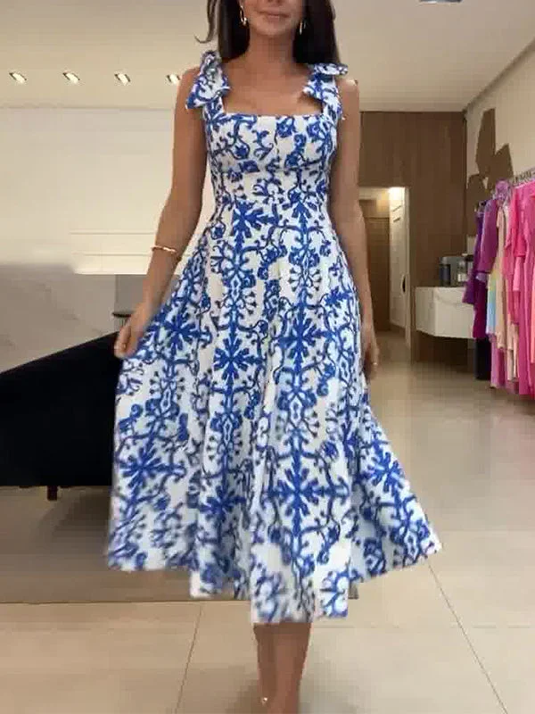 Style & Comfort for Mature Women Women's Sleeveless Square Collar Floral Printed Midi Dress