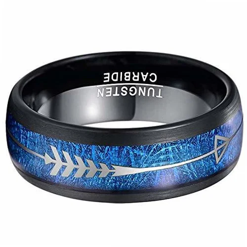 6MM 8MM Women's Or Men's Tungsten Carbide Wedding Matching Rings Black Tone with Cupid's Arrow over Blue Inspired Meteorite Inlay Domed Top
