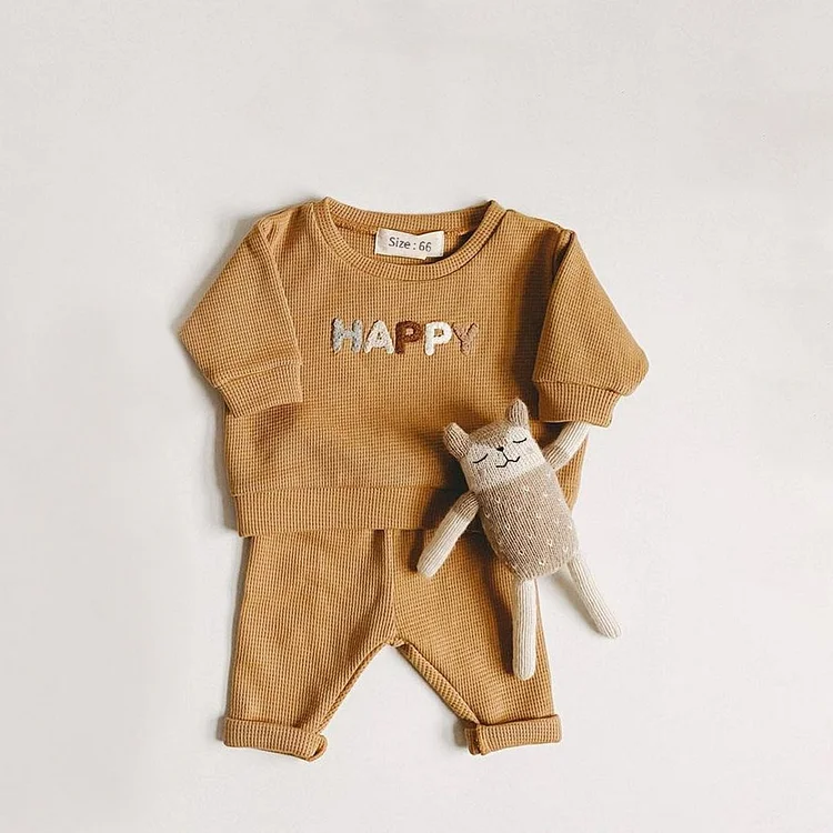 2pcs Baby Boy/Girl Solid Color Waffle Embroideried HELLO Graphics T-shirt and Pants Set