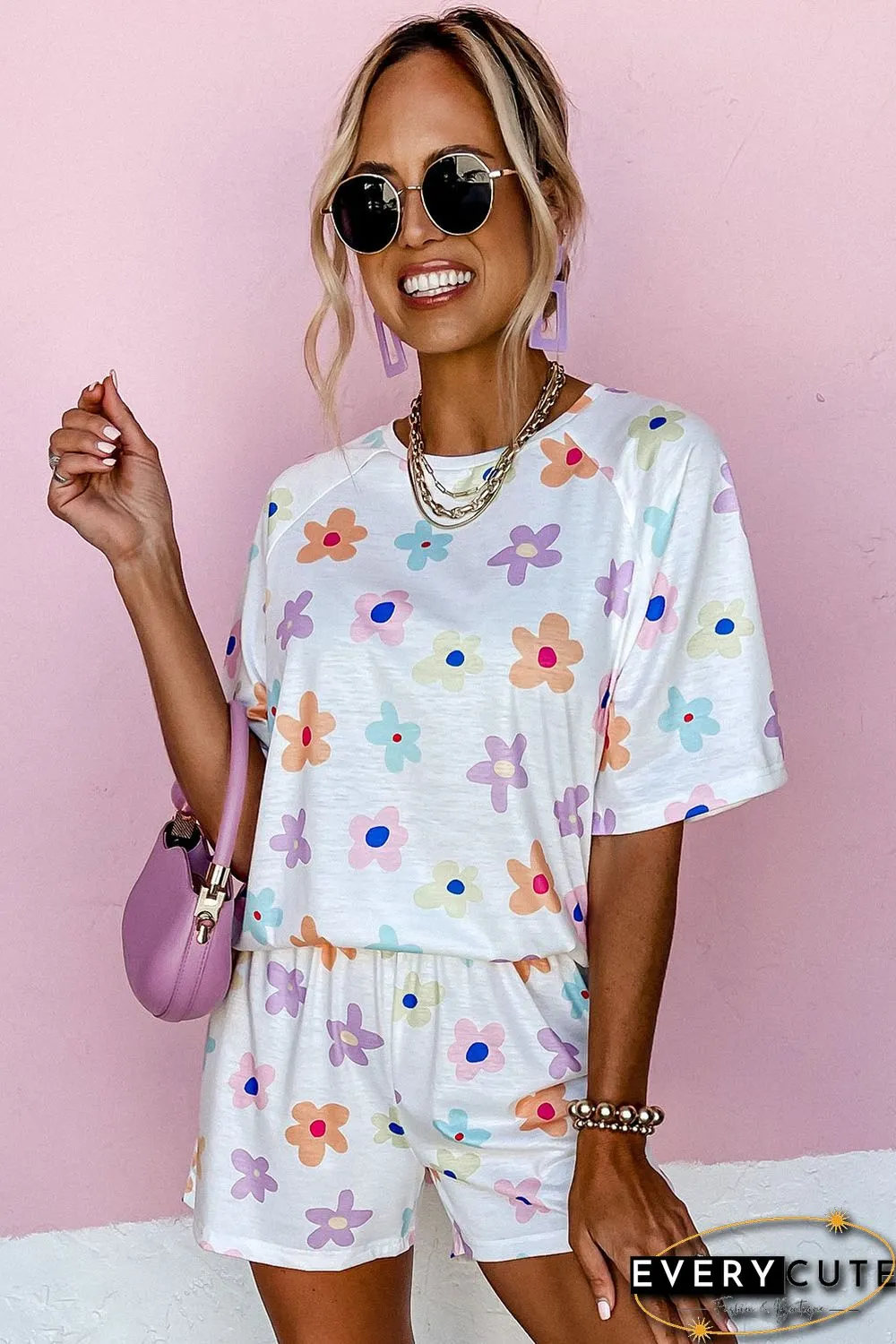 White Flower Print Short Sleeve High Waist Two Piece Shorts Set
