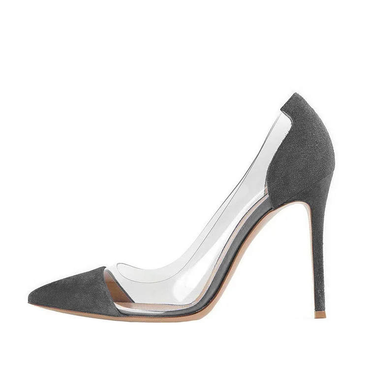 Dark Grey Suede Pointy Toe Stiletto Heels with Clear Heels Vdcoo