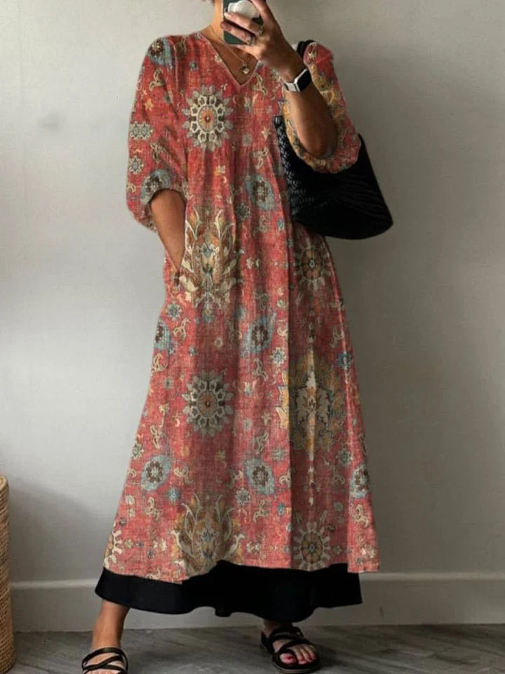 Women's Ethnic Art Print Pocket V-neck Cotton Dress