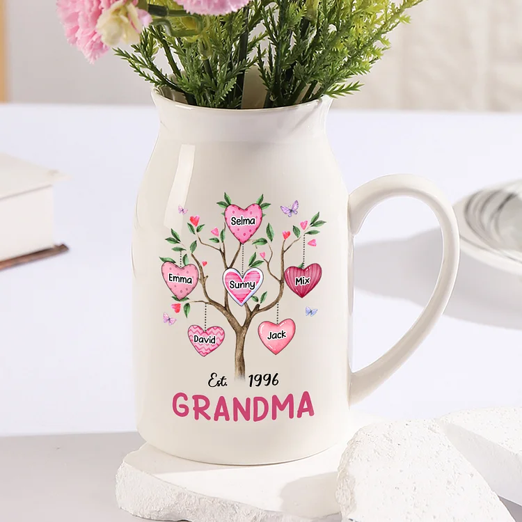 Pink Family Tree Vase Personalized Ceramic Flower Vase Custom 6 Names Gift Grandma