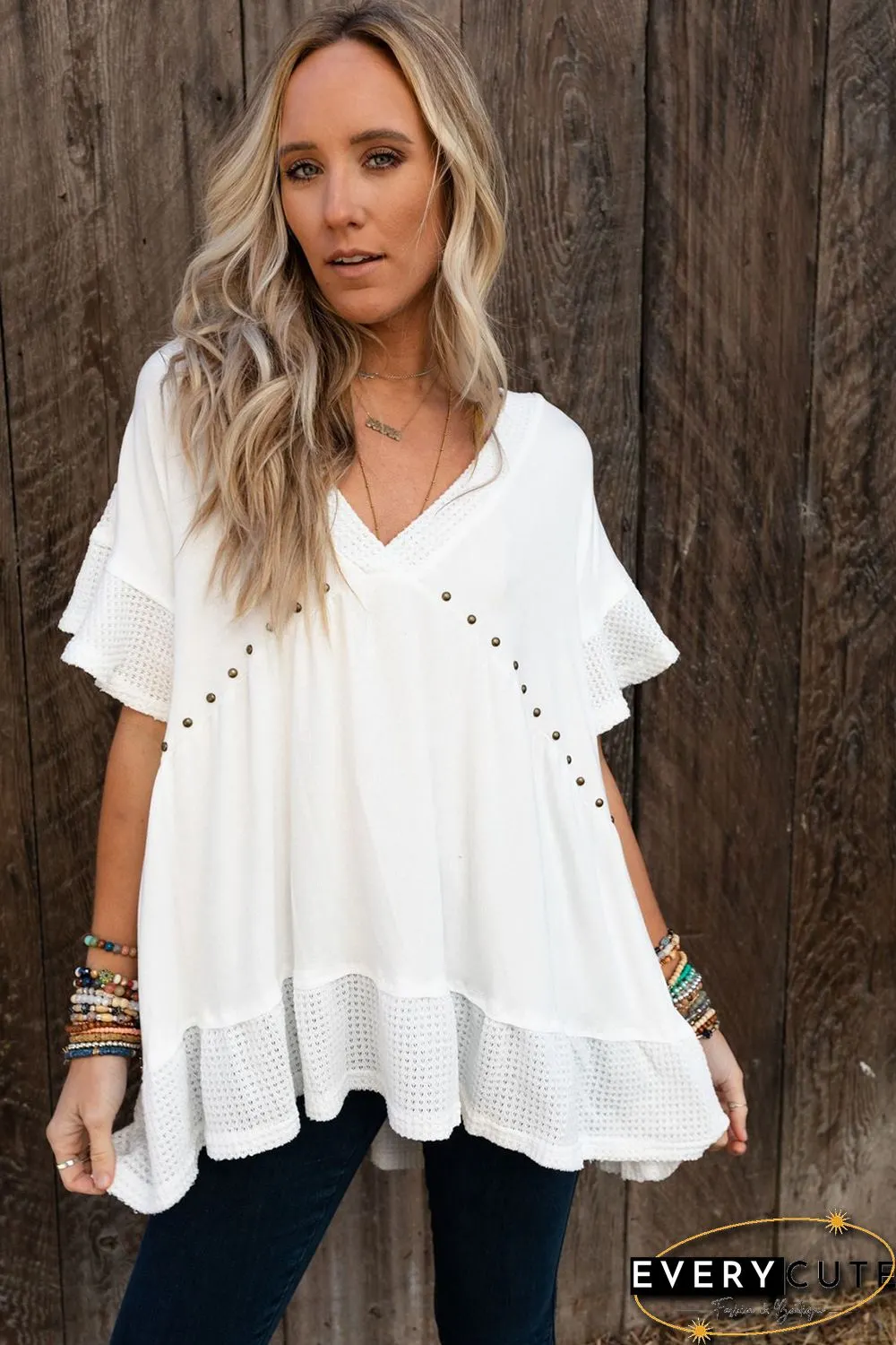 White Contrast Knit Splicing V Neck Studded Blouse
