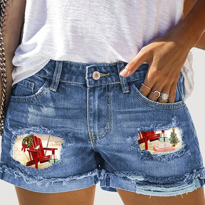 Printed Cuffed Ripped Denim Shorts