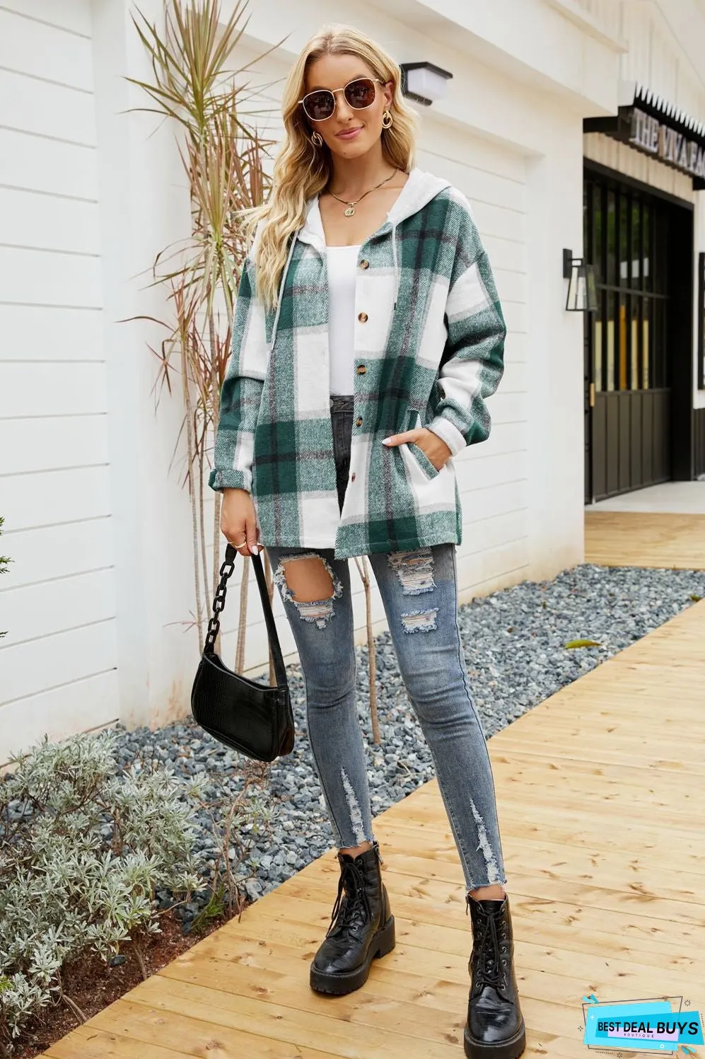 Drawstring Hooded Plaid Shacket Coat With Pocket