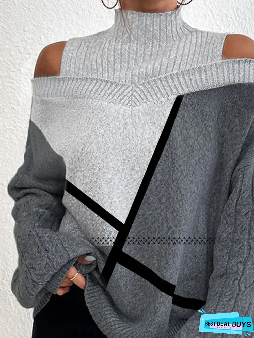 Loose Geometric Turtleneck Cold Shoulder Wool/Knitting Tunic Sweater Knit Jumper