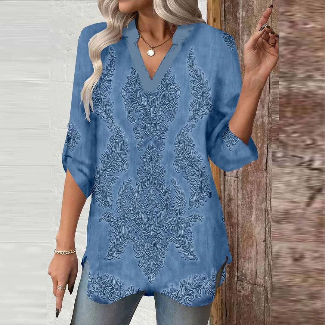 Women Blue, Floral, Retro DZGA0539 3/4 Sleeve V-neck Printed Graphic Button Tops