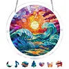 (18.5cm)DIY Acrylic Jigsaw Puzzle Window Hanging with Hanging Chain DIY Stained Glass Decoration Round Window Puzzle Decor for DIY Craft Project (Stained Glass Sea Wave)