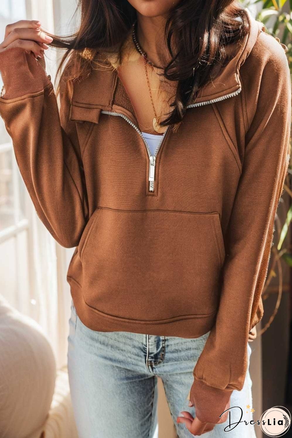 cozy brown hoodie with kangaroo pocket and quarter zip