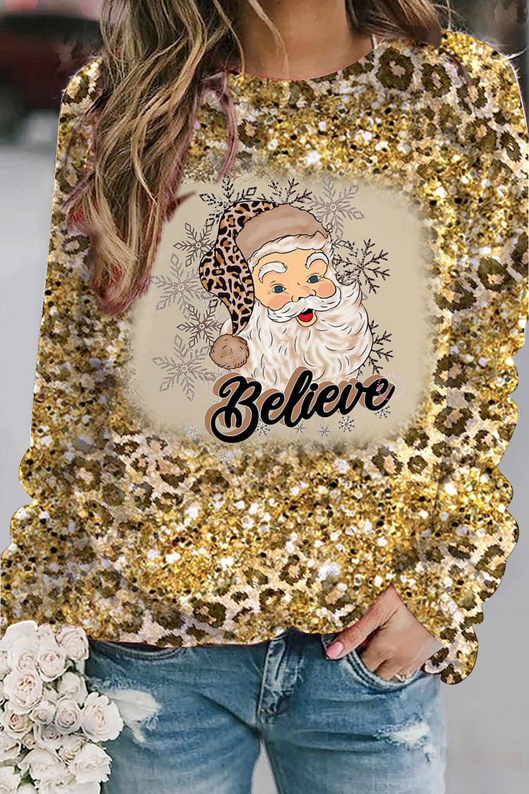 Glitter Christmas Believe Santa Print Sweatshirt