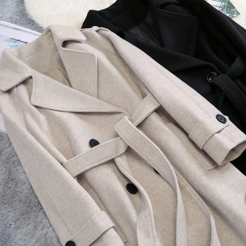 Woolen Coat Women's Middle And Long 2021 New Fashion Korean Over Knee Small Hepburn Wind Waist Closing Woolen Coats