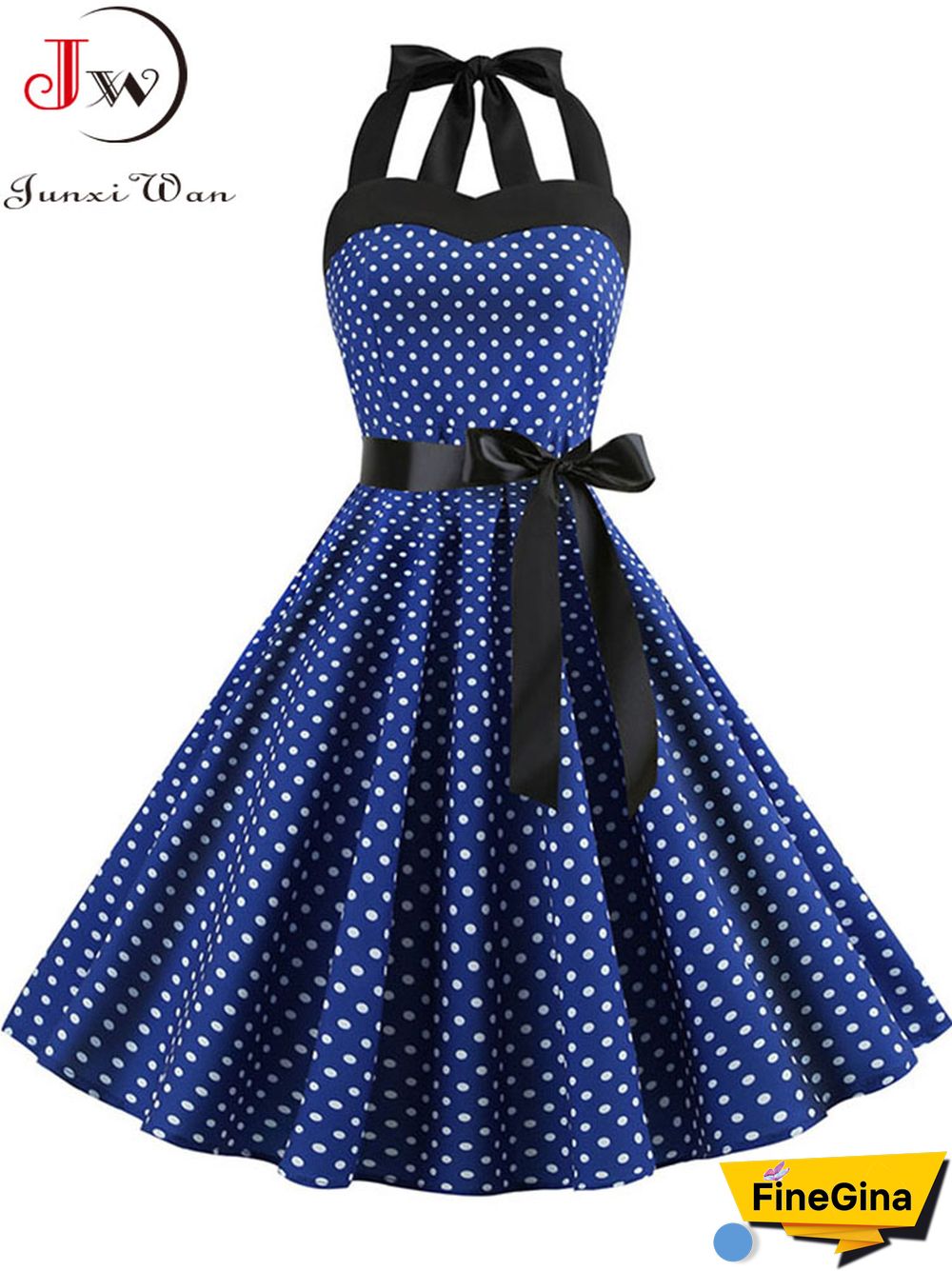 Sexy Halter Party Dress Retro Polka Dot Hepburn Vintage 50s 60s Pin Up Rockabilly Dresses Robe Elegant Midi Dress