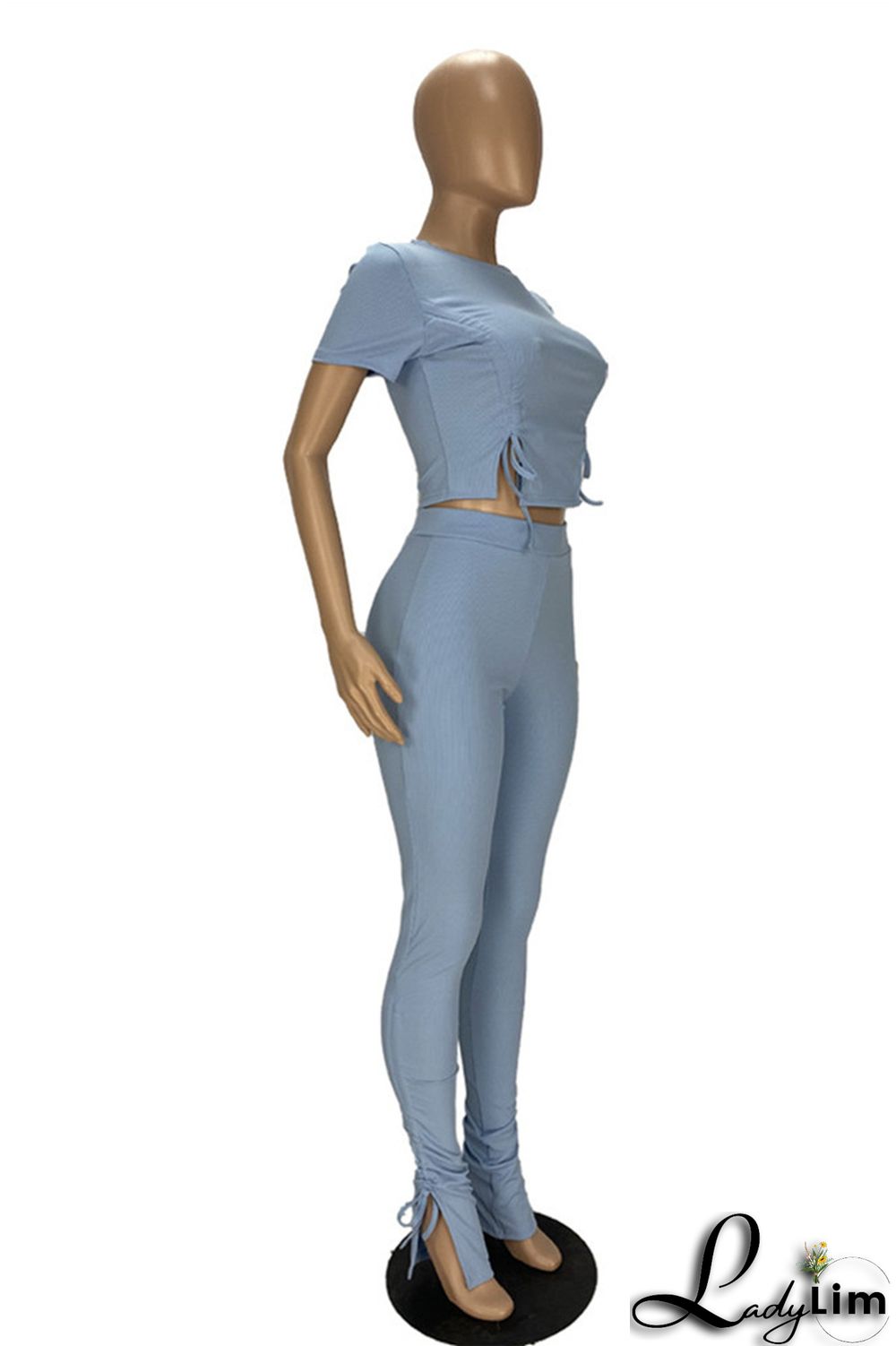 Khaki Fashion Casual Solid Draw String Frenulum O Neck Short Sleeve Two Pieces