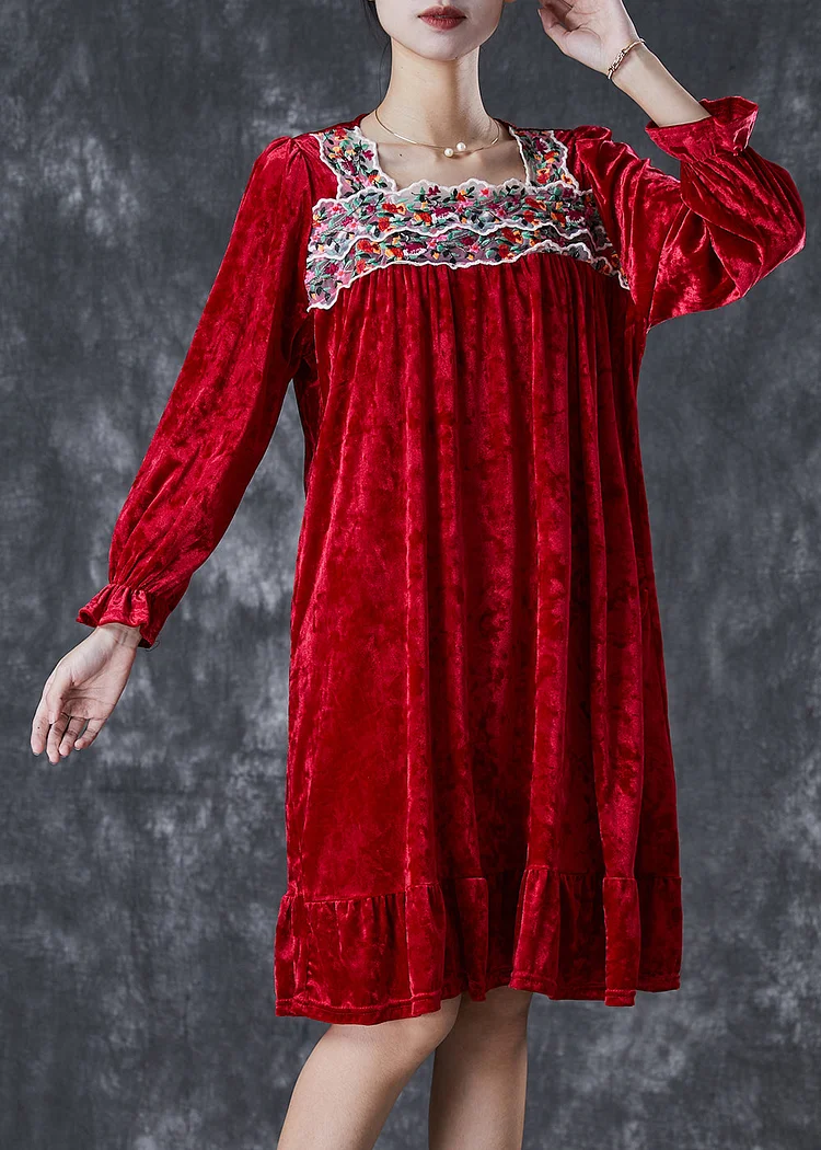 Red Silk Velour Holiday Dress Square Collar Embroideried Fall