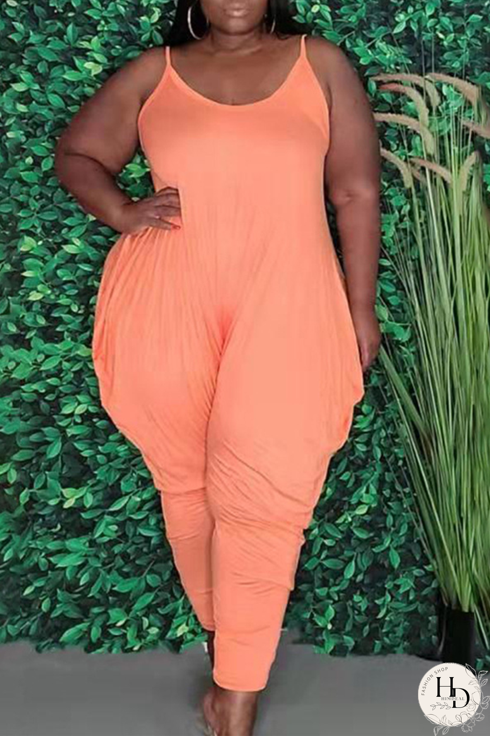 Tangerine Red Casual Solid Split Joint Spaghetti Strap Plus Size Jumpsuits